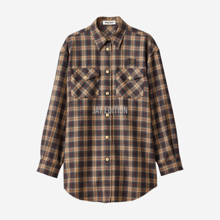 미우미우 울 타탄 셔츠 카멜 브라운