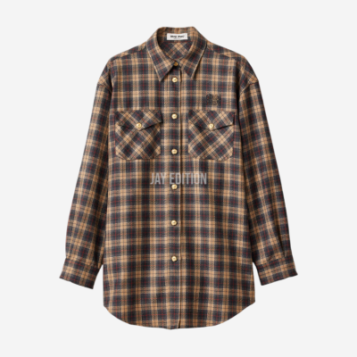 미우미우 울 타탄 셔츠 카멜 브라운