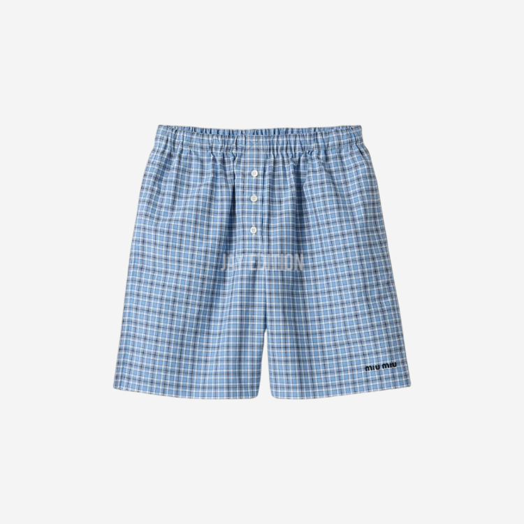 미우미우 체크 포플린 복서 쇼츠 셀레스트 블루