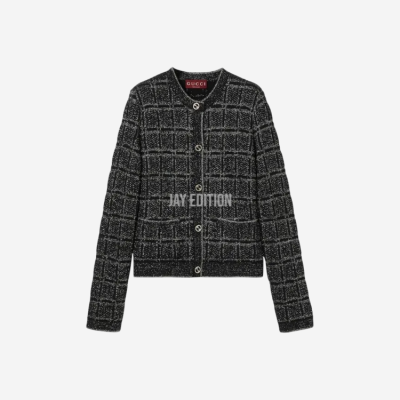 구찌 울 및 라메 체크 자카드 가디건