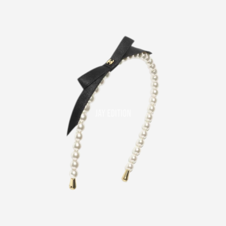 샤넬 리본 진주 헤어밴드