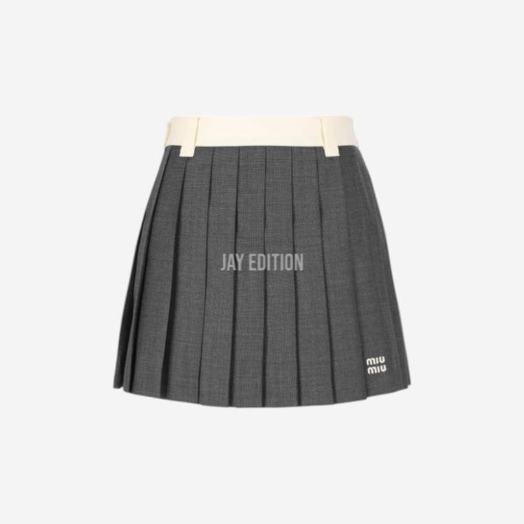 미우미우 로고 자수 플리츠 울 스커트