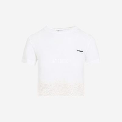 미우미우 로고 패치 레이스 패널 코튼 반팔 티셔츠